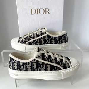 Walk n DIOR Deep Blue Oblique Embroidered Cotton Sneakers Size38/US 7.5